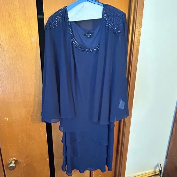 Slny Deep Navy Women's Two Piece Tiered Jacket Dress with Beaded Neckline and Shoulder